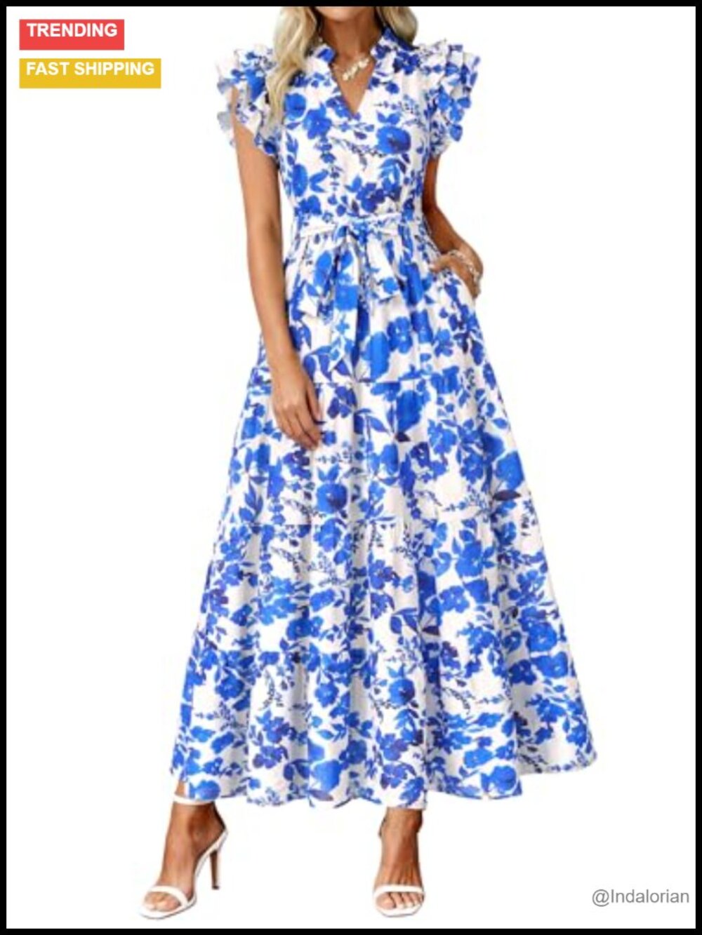 Women Floral Boho V-Neck Ruffle Cap Sleeve Belted Tiered Maxi Dress with Pockets